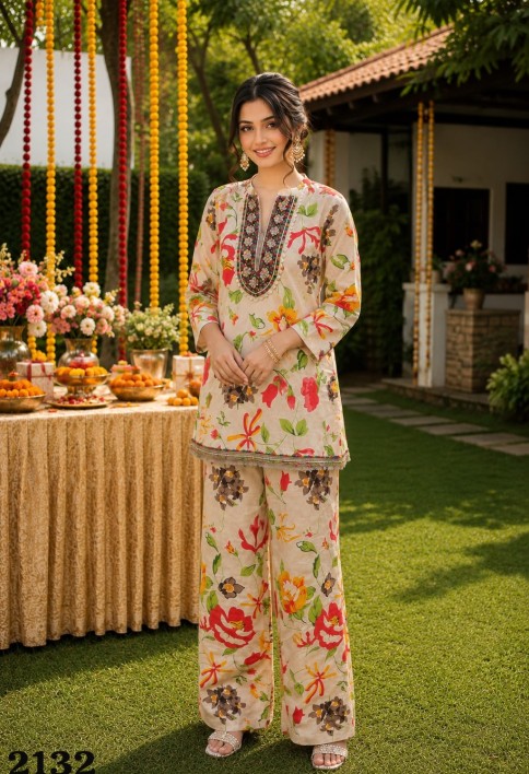 Cream Poly Cotton Designer Kurti